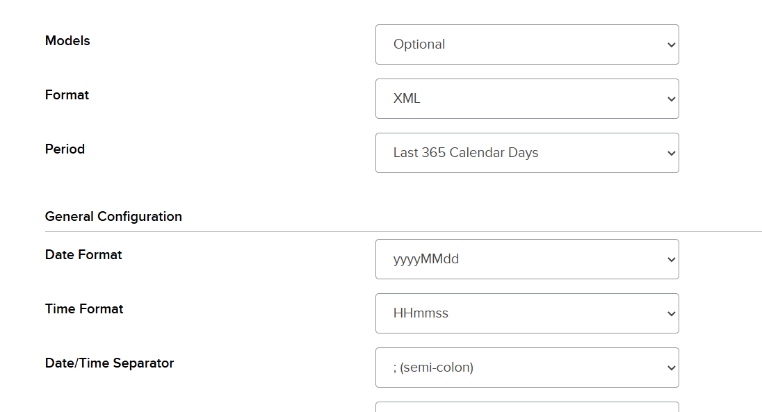 הגדרות Format=XML, Period=Last 365 Calendar Days, Date/Time Separator=semi-colon